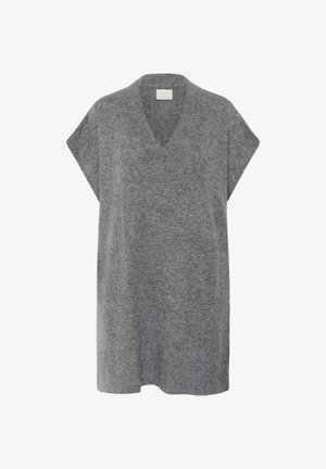 Gray knitted pullover with a V-neck and short sleeves. Soft texture and loose fit. Features a slightly longer back hem and minimal design.