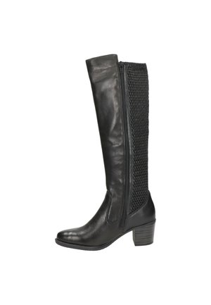 Botte en cuir noir jusqu'au genou avec panneau en maille et fermeture éclair latérale, dotée d'un talon carré et d'une finition lisse et texturée.