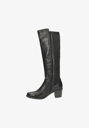 Botte en cuir noir jusqu'au genou avec panneau en maille et fermeture éclair latérale, dotée d'un talon carré et d'une finition lisse et texturée.
