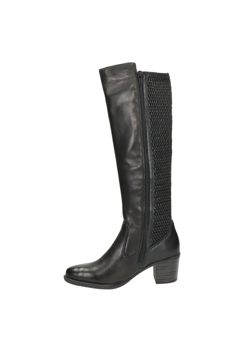 Bota alta de cuero negro hasta la rodilla con panel de malla y cremallera lateral, que presenta un tacón cuadrado y un acabado suave y texturizado.