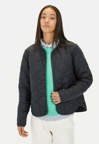 Quilted sort jakke med trykknapper, der har en lysegrøn sweater under. Modellen har en stribet skjorte med høj hals på.