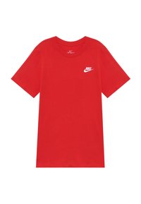 Rood katoenen T-shirt met korte mouwen, ronde hals en een wit Nike-logo gedrukt op het bovenste linkerborstgebied. Gladde textuur.