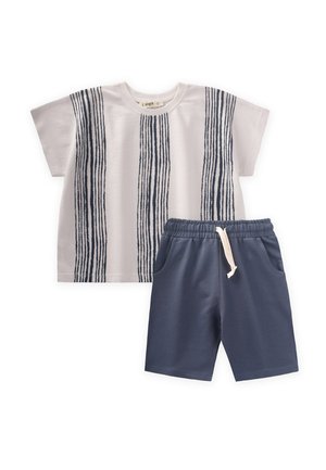 White short-sleeve t-shirt with navy vertical stripes, paired with navy shorts featuring two pockets and an elastic waistband.