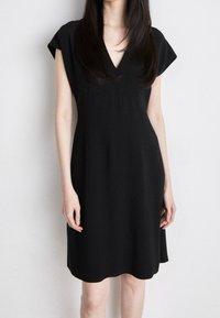 Svart kortärmad klänning med V-ringning, figurnära liv och utsvängd kjol. Tillverkad av ett mjukt tyg med en ren silhuett.