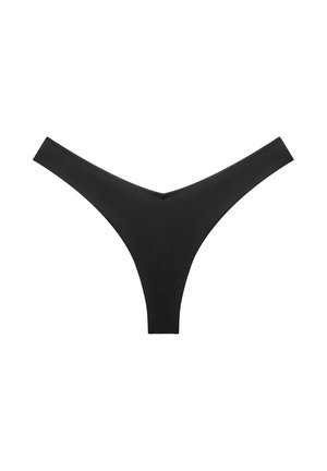 Black seamless thong underwear, minimalist design, smooth fabric, low-rise fit, displayed on plain white background.