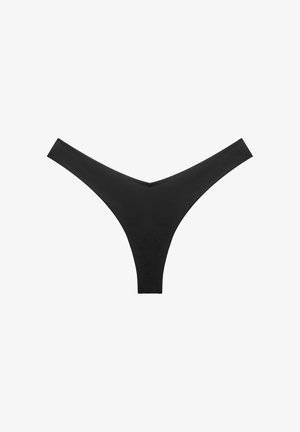Black seamless thong underwear, minimalist design, smooth fabric, low-rise fit, displayed on plain white background.