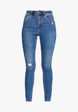 Blå høy midje skinny jeans med lett slitasje på lår og kne, med frontlommer og knappelukking.