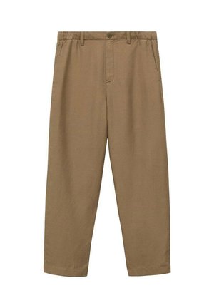 Brown cotton trousers with a straight cut, featuring a button closure, belt loops, and side pockets. Lightweight fabric with a smooth texture.