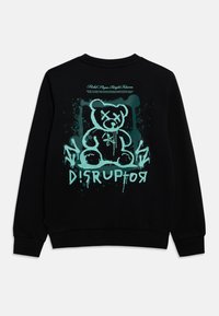 Sweat-shirt noir avec un grand graphisme turquoise représentant un ours, un texte stylisé indiquant « D!SRUPT0R » et des détails abstraits en éclaboussures.