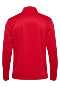 Rode poloshirt met lange mouwen en een klassieke kraag. Soepele, lichte stof; heeft geen zichtbare patronen of hardware. Achteraanzicht alleen.