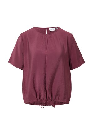 Kurze Ärmel, glänzende Bluse in Pflaumenfarbe mit rundem Halsausschnitt, gerafftem Frontdetail, Knopfverschluss hinten und Kordelzugsaum.