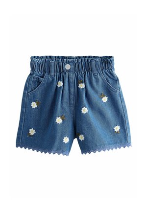 Jeansshorts mit gewelltem Saum, verziert mit weißer Gänseblümchen-Stickerei und einem gerafften Bund. Mit Fronttaschen und einem Metallknopf.