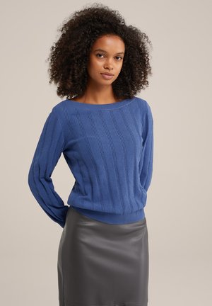 Blue knitted sweater with a wide neckline, vertical ribbed texture, and long sleeves, paired with a smooth black leather skirt.
