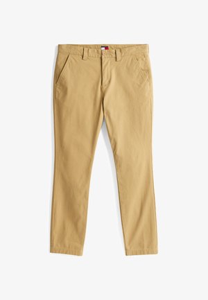 Chinos beige con un frente plano, passantes para cinturón, dos bolsillos laterales y un bolsillo trasero, fabricados en una tela de algodón ligera.