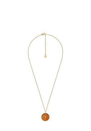 Collier chaîne en or avec pendentif rond présentant un symbole du zodiaque Bélier sur fond orange avec quatre petites étoiles.