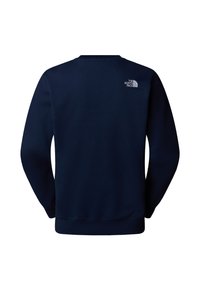 Felpa in cotone blu navy con collo rotondo, polsini e orlo a coste, caratterizzata da un piccolo logo bianco sulla parte superiore della schiena. Texture morbida.