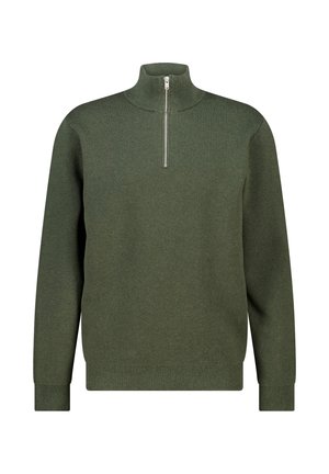Grüner Strickpullover mit hohem Kragen und Viertelreißverschluss. Merkmale sind gerippte Bündchen und Saum sowie eine glatte Textur und lockere Passform.