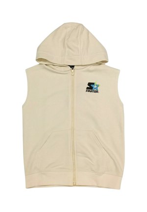 béžová bezrukávová mikina s predným zipsom, dvoma prednými vreckami a grafickým logom s "S" a hviezdou v zelenej a modrej farbe.