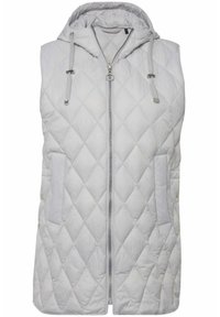 Ljusgrå quiltad väst med huva, blixtlås fram och två sidofickor. Har ett diamantmönster och justerbara dragsko.