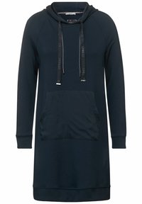 Marinblå hoodie-klänning gjord av mjukt tyg med en framficka, dragsko på huvan och ribbade ärmkanter, med en avslappnad passform för komfort.