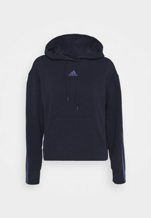 Ciemnogranatowa bluza z kapturem Adidas z kieszenią kangurka z przodu, kapturem ze sznurkiem i jasnoniebieskimi paskami na rękawach.
