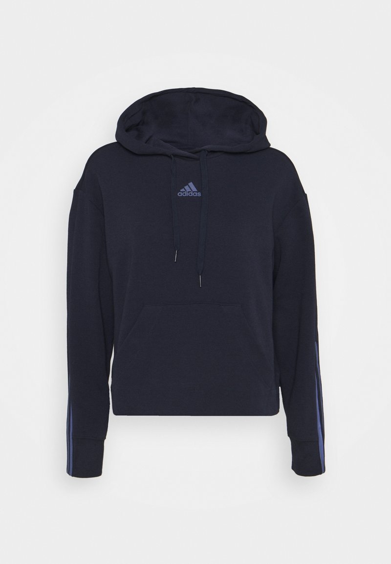Sweat à capuche Adidas bleu marine foncé avec poche frontale, capuche à cordon et rayures bleu clair sur les manches.
