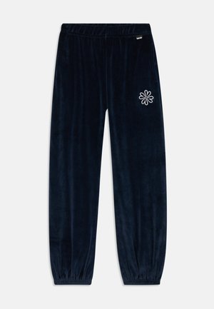 Marineblå velour joggebukser med elastisk liv og samlede mansjetter. Har en blomsterlogo i hvit broderi på venstre lår.
