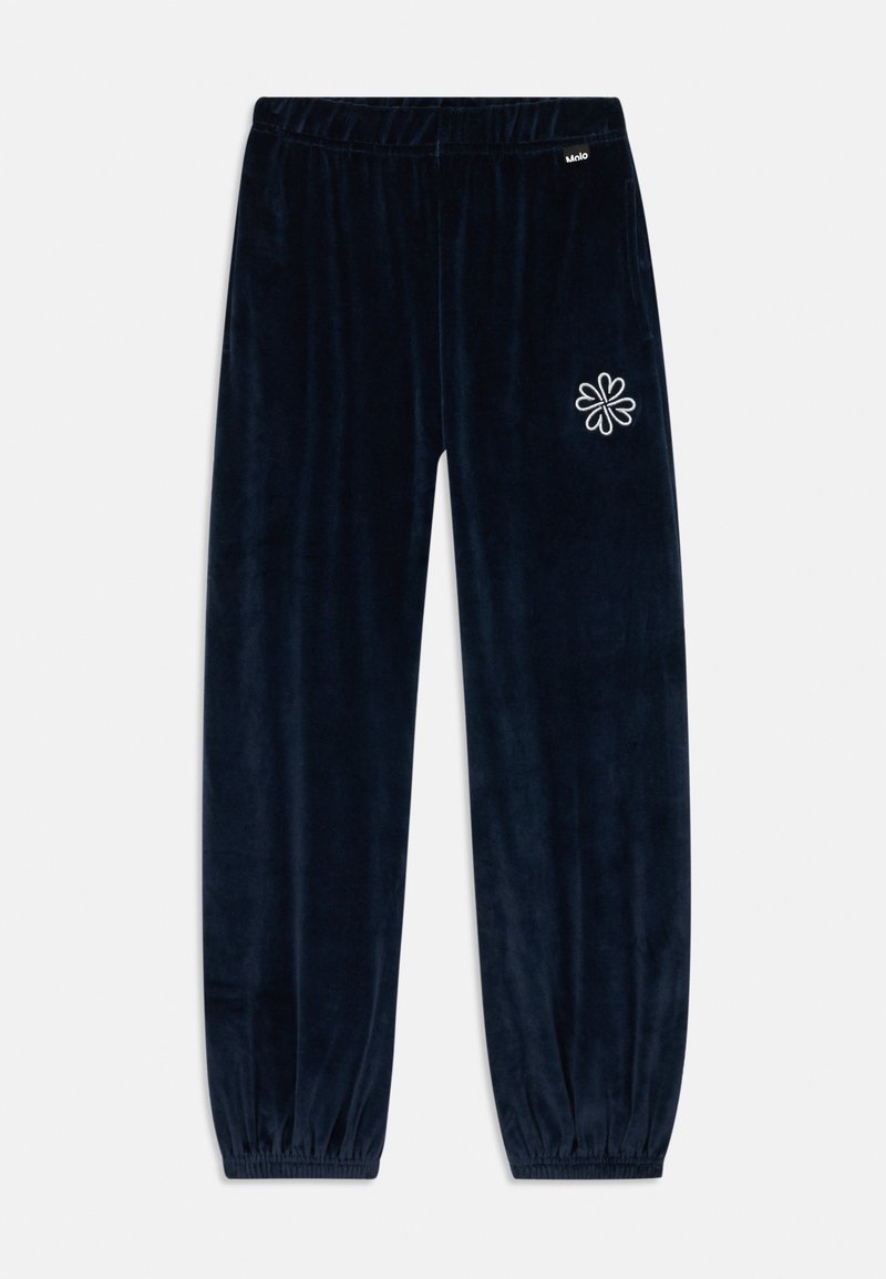 Marineblaue Velours-Sweatpants mit elastischem Bund und gerafften Bündchen. Mit einem Blumenlogo in weißer Stickerei an der linken Oberschenkel.