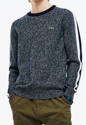 Pull en maille bleu marine avec des rayures blanches sur les côtés, col rond et logo vert en accent sur la poitrine. Porté avec un pantalon kaki.