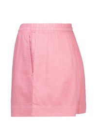 Pantalones cortos de lino rosa con cinturilla elástica, que presentan pliegues y bolsillos laterales. La tela tiene una textura suave y un ajuste holgado.