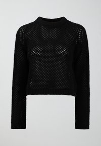 Schwarzer gestrickter Pullover mit lockerer, offener Maschenstruktur und geripptem Rundhalsausschnitt. Lange Ärmel und kurzer Saum mit einer strukturierten Oberfläche.