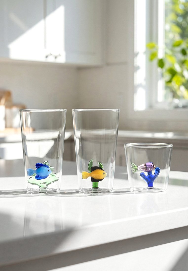 Trzy przezroczyste szklanki do picia z ozdobnymi kolorowymi szklanymi rybkami i koralowcami w środku, ustawione na białym blacie kuchennym, oświetlone światłem słonecznym.