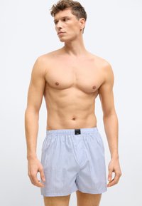 Ανδρας χωρίς πουκάμισο που φορά ανοιχτόχρωμα μπλε και λευκά κάθετα ριγέ μπόξερ, κοιτάζοντας πλάγια μπροστά σε απλό φωτεινό φόντο.