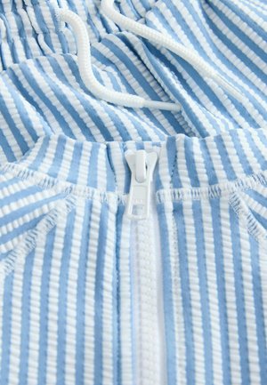 Ljust blå randigt tyg med en dragkedja och justerbar vit dragsko. Texturen är ribbad med växlande tunna och tjocka ränder.