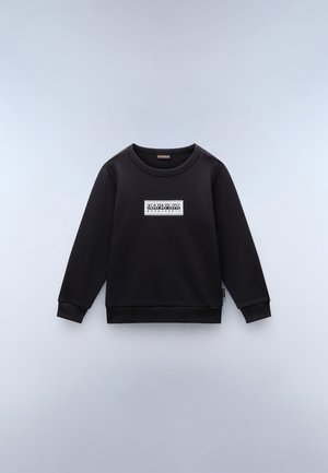 Sudadera negra con un cuello redondo y puños acanalados, con un parche de logo en la parte frontal en blanco y acentos en color marrón. Tejido suave y texturizado.
