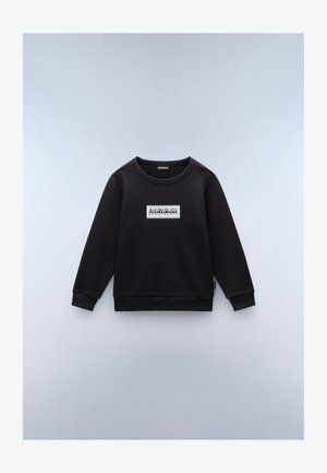Zwarte sweatshirt met een geribde ronde hals en manchetten, voorzien van een logo-oproep in wit en beige accenten. Zachte, gestructureerde stof.