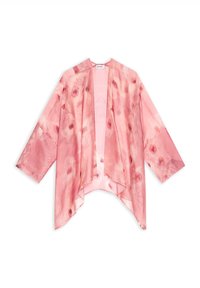 Priehľadná ružová bunda v štýle kimona so širokými rukávmi a abstraktným tmavším ružovým kvetinovým vzorom, otvoreným predným dielom a nerovným lemom.