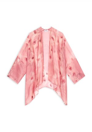 Veste rose transparente de style kimono avec manches larges et motif floral abstrait rose foncé, devant ouvert et ourlet irrégulier.