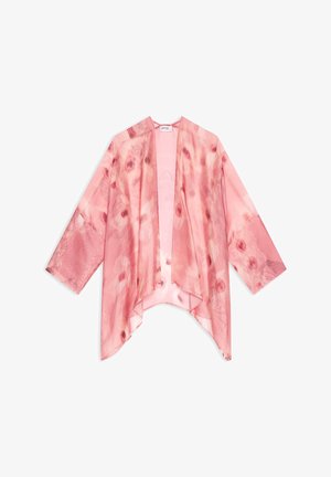 Veste rose transparente de style kimono avec manches larges et motif floral abstrait rose foncé, devant ouvert et ourlet irrégulier.