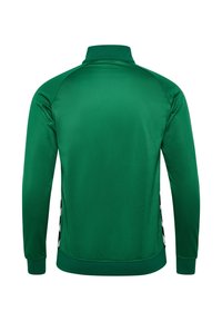 Groene sportjack met kraag, lange mouwen en een aansluitende zoom. Heeft zwarte accenten aan de zijkanten en een soepele, glanzende textuur.