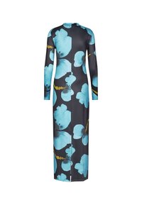 Robe à manches longues au silhouette ajustée, présentant un fond sombre avec de grands motifs floraux aqua et une légère brillance.