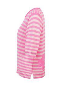 Rosa und beige gestreifter Strickpullover mit kurzen Ärmeln, mit einem gespaltenen Saum und strukturierten Akzenten an der Seite.