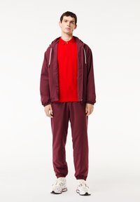 Bordeauxfärgad träningsoverall med en jacka med dragkedja och huva, tillsammans med en röd polo t-shirt och byxor med elastiska muddar. Vita sneakers fulländar stilen.