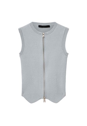 Hellgraue, gerippte Strickweste ohne Ärmel mit silbernem Reißverschluss vorne und rundem Halsausschnitt, mit leicht gewelltem Saum.
