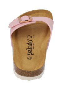 Sandali in sughero rosa con superficie liscia, cinturino regolabile e soletta testurizzata. Logo "palado" visibile all'interno. Design leggero.