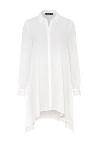 Camicia bianca a maniche lunghe, realizzata in tessuto leggero, presenta una chiusura con bottoni frontale, colletto e un orlo asimmetrico con spacchi laterali per un tocco di design in più.