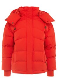 Kurtka puchowa w jasnoczerwonym kolorze, z wysokim kołnierzem, ukośnym przeszyciem, bocznymi kieszeniami i ściągaczami na mankietach. Wykonana z materiałów izolujących.