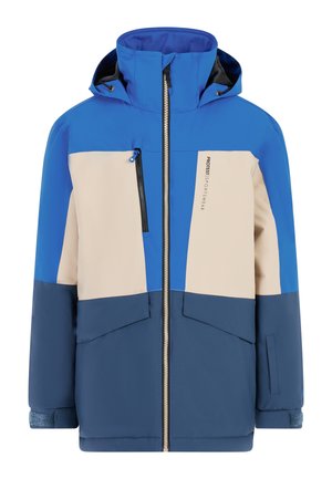 Blue and cream color-blocked jacket with a hood, zip closure, two front pockets, and a logo detail on the side. Made of water-resistant material.