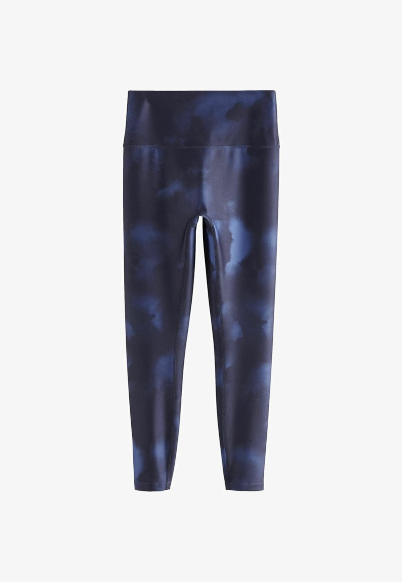 Leggings blu navy realizzati in materiale elasticizzato, con una texture liscia, vita alta e un motivo tie-dye con diverse sfumature di blu.