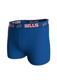 Blue boxer shorts made of smooth fabric, featuring a wide red waistband with "BILLS" and team logo in blue and white.